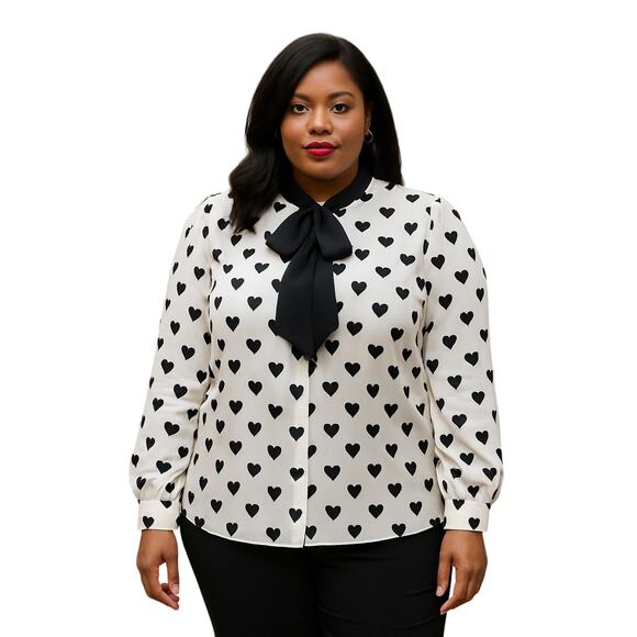 ELOQUII Tops - Eloquii Black Heart Print Tie Neck Blouse Size 20 Plus Romantic Chic feminine